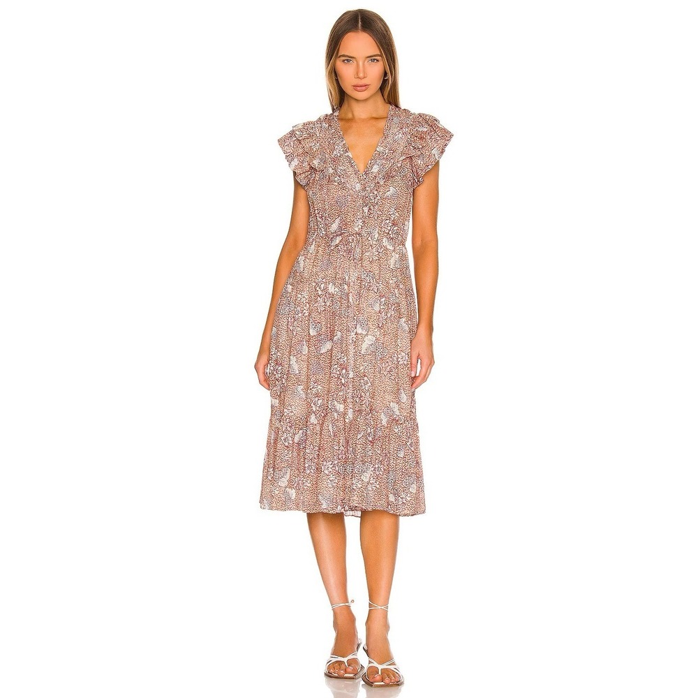 Ulla Johnson Romina Burgundy Floral Puff Sleeve Midi Dress | Size 8
